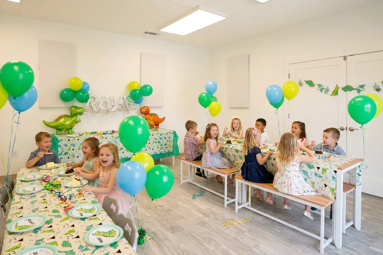 Children eating cake at long tables with dinosaur-themed decorations and a RAWR banner in the party room