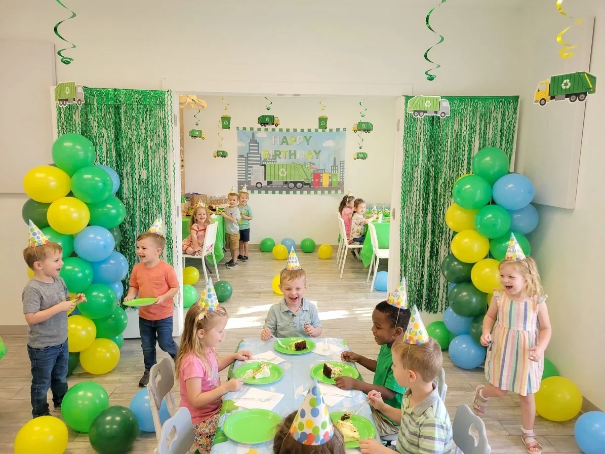 Young children in party hats eating cake at a garbage truck-themed table with balloons and tinsel curtains