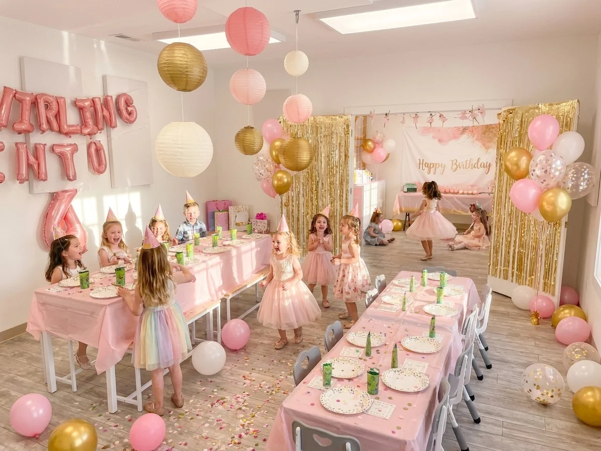 Girls in pink dresses and party hats in a pink and gold room with a TWIRLING INTO 6 balloon banner