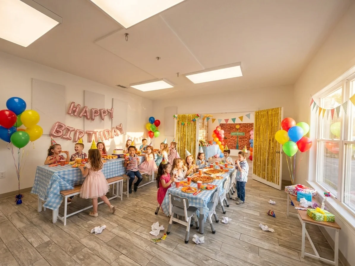 Children in party hats eating pizza at blue checkered tables under a HAPPY BIRTHDAY foil banner