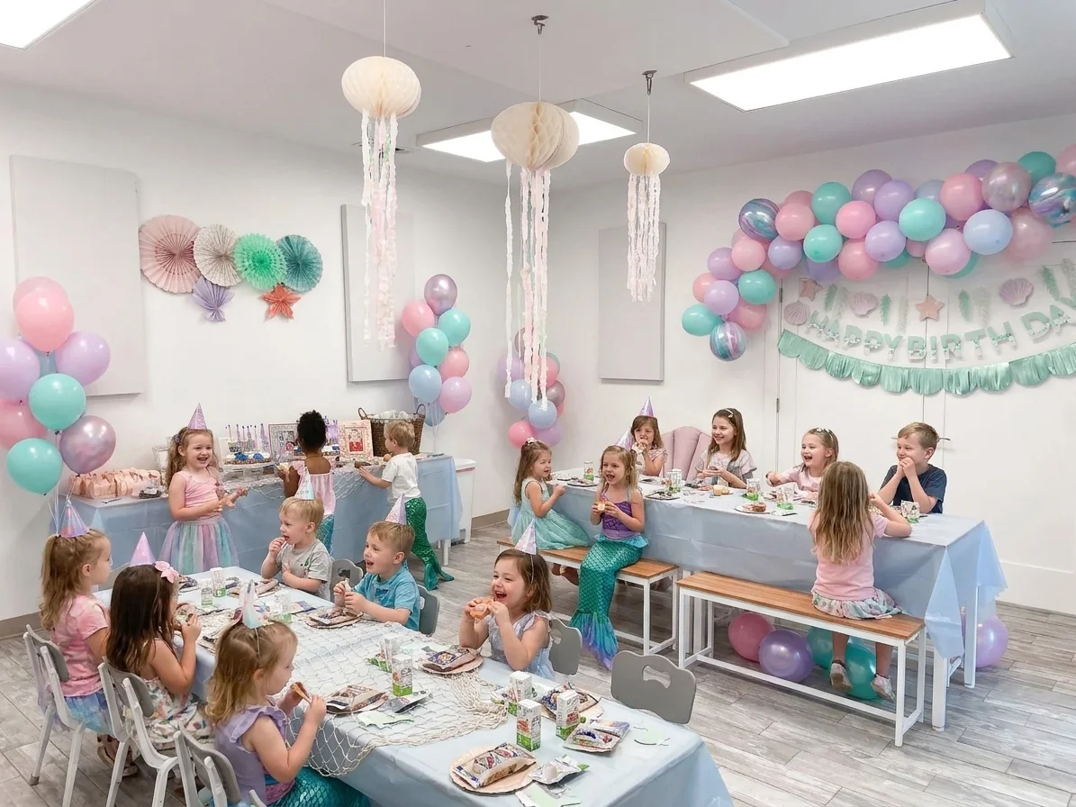 Children in mermaid tails at light blue tables with pastel balloon arches and jellyfish decorations